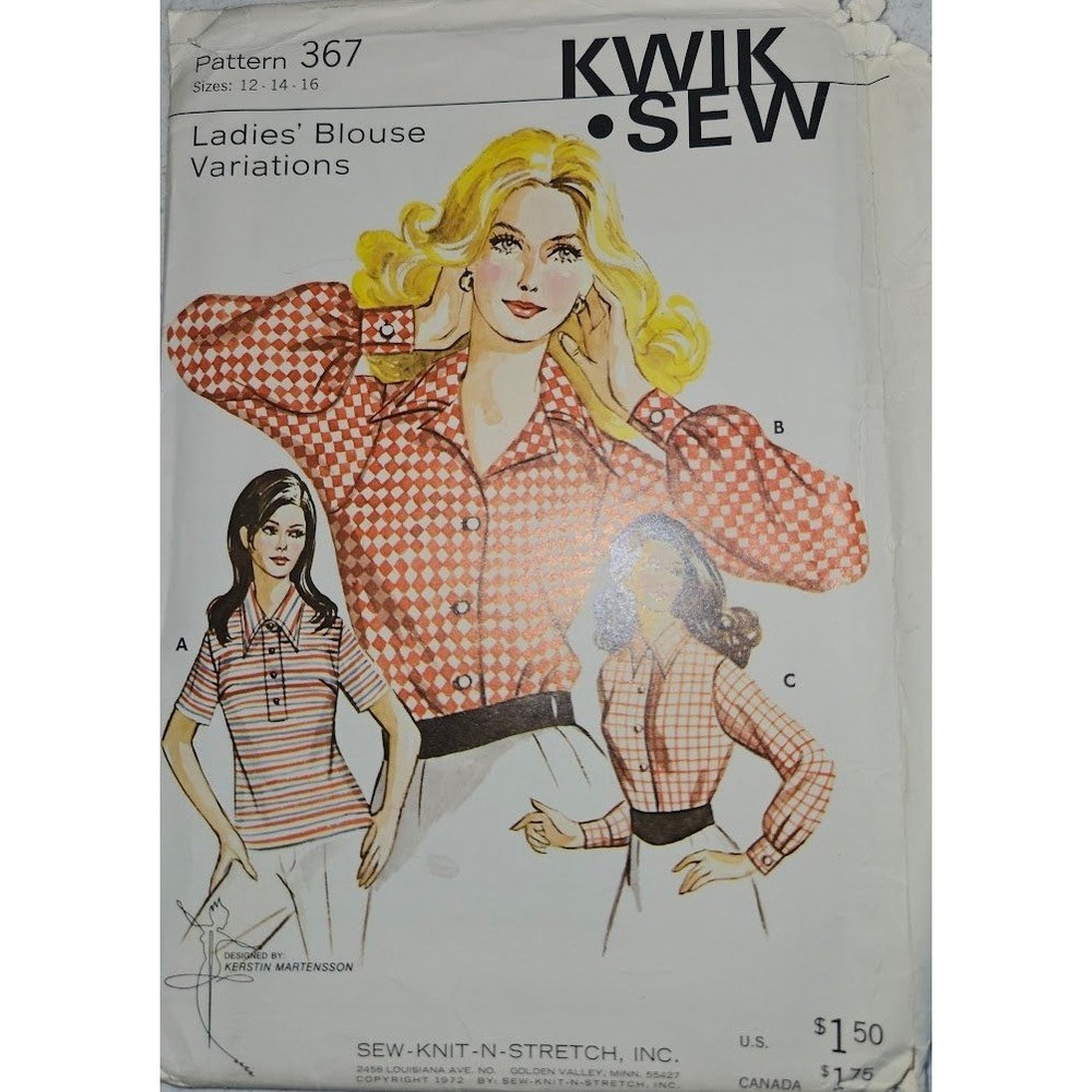 Vintage 1972 Kwik Sew 367 Ladies Blouse Variations Sewing Pattern Size 12 14 16
